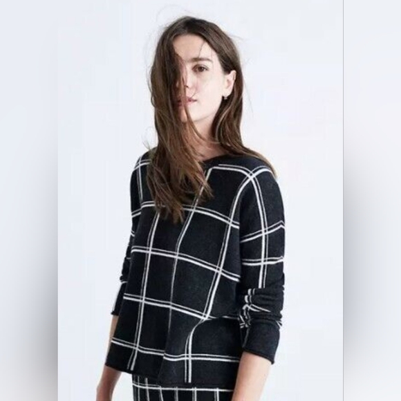 Madewell Sweaters - Madewell Black Windowpane Alpaca Wool Blend Boxy Crewneck Sweater Size S